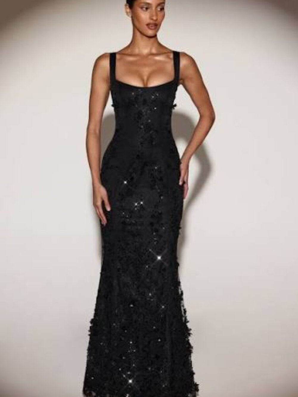 Oh Polly Black Embellished Square-Neck Evening Gown